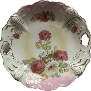 Antique Floral Porcelain Serving Bowl with Pink Roses and Gold Trim 11”